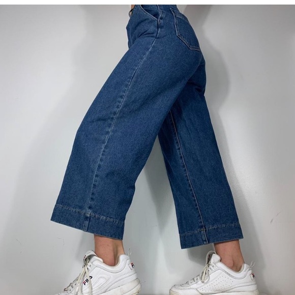 VINTAGE DARK WASH LACED UP BELT AUTHENTIC DENIM HIGH WAISTED WIDE LEG MOM JEANS - Picture 2 of 4